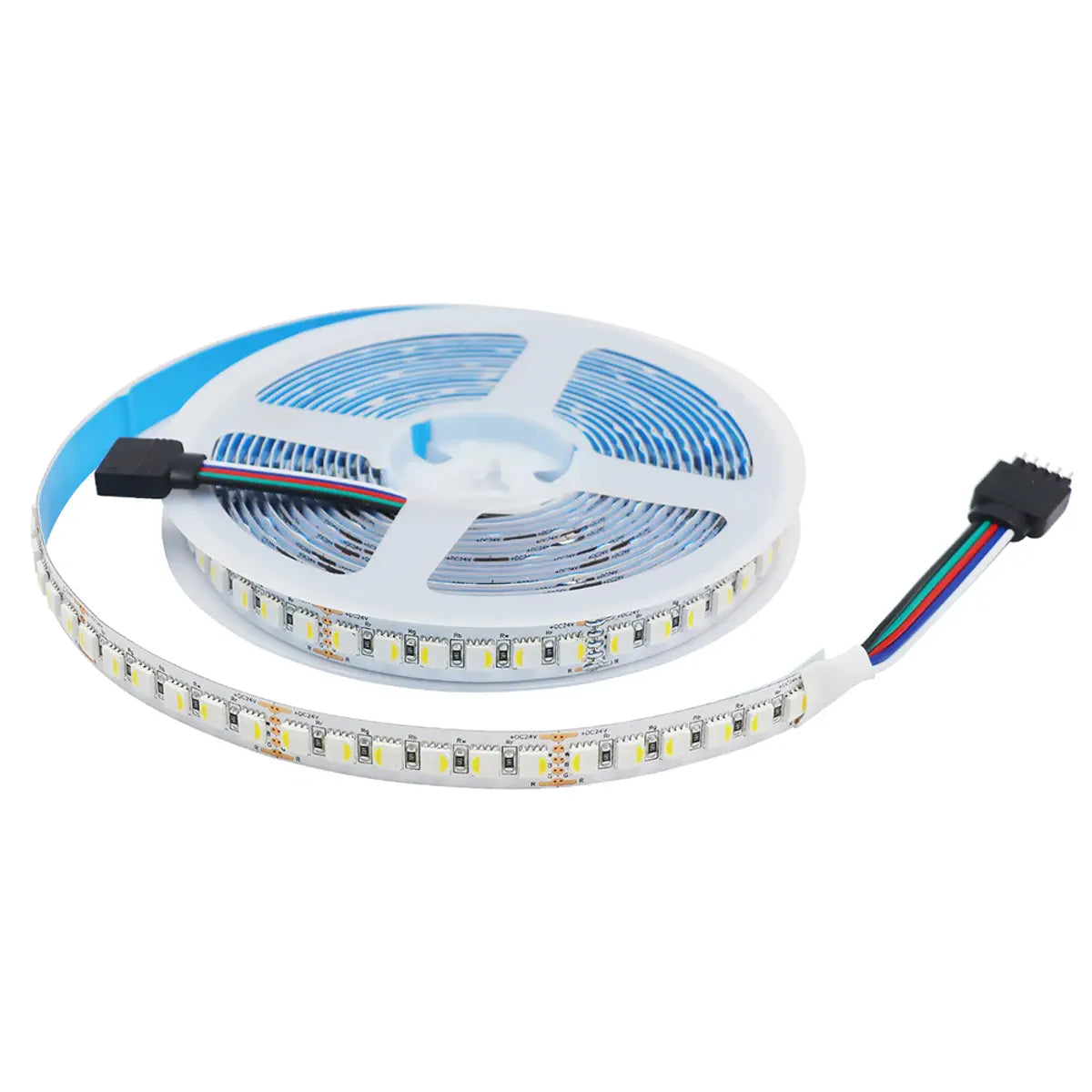 RGBW LED strip reel and connector on a white background
