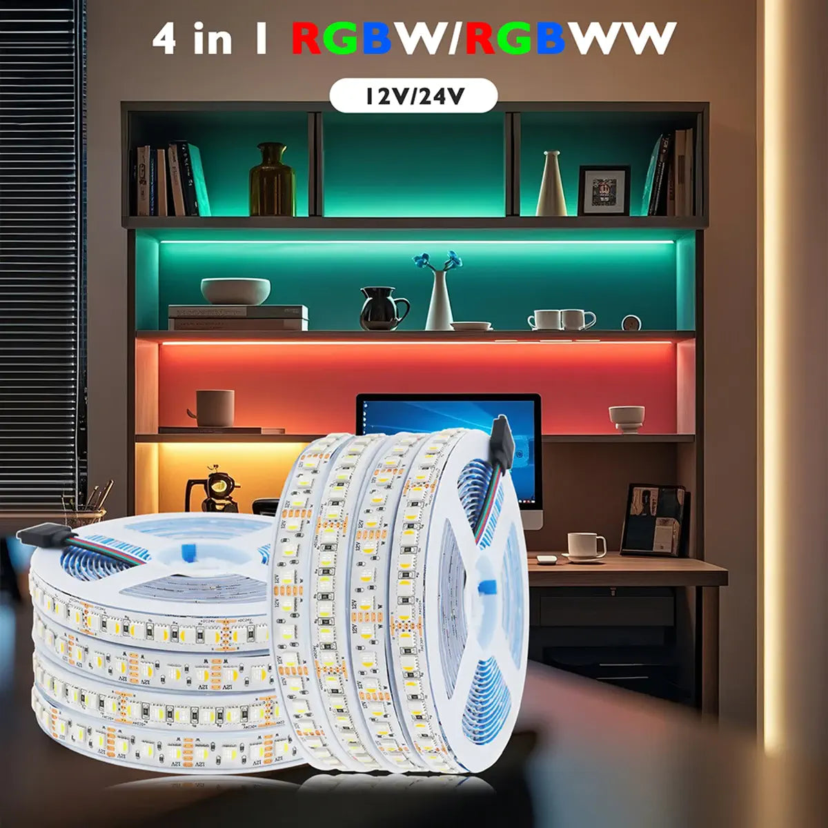 RGBW and RGBWW LED strips shown in a home office setting