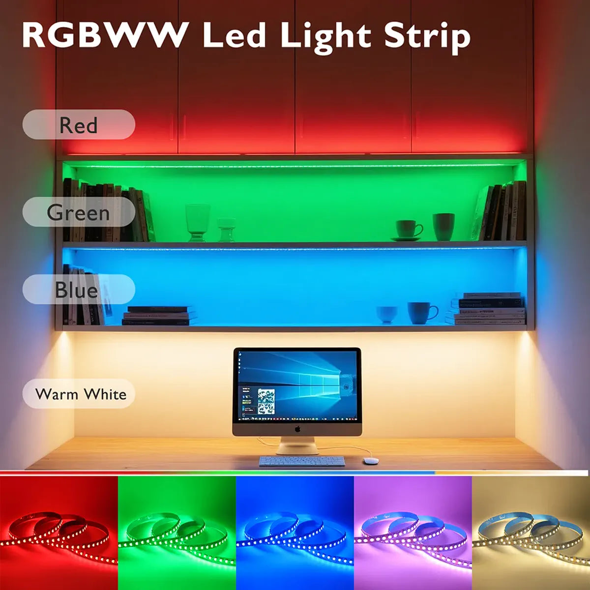 RGBWW strip showing red, green, blue, and warm white output