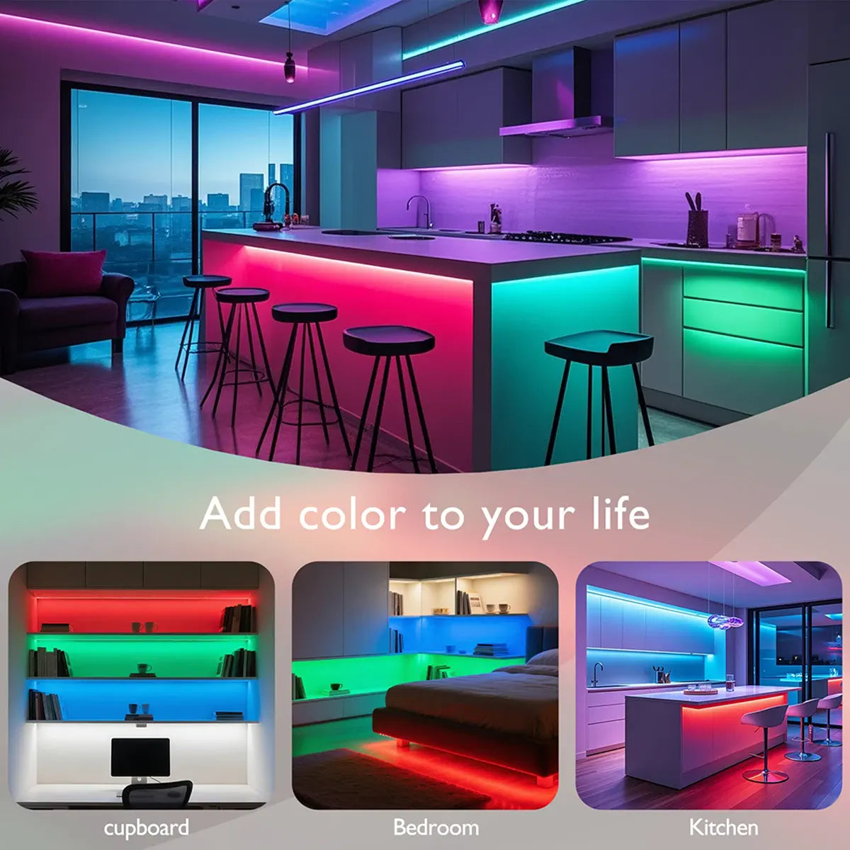 Color-changing LED strip lighting in kitchen, bedroom, and cabinet settings
