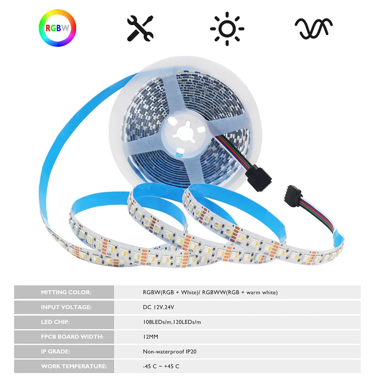 RGBW LED strip lighting a home office shelf in multiple colors