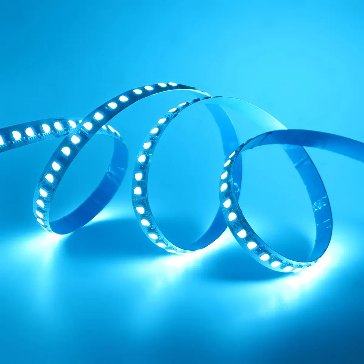 Flexible RGBW LED strip illuminated in cyan