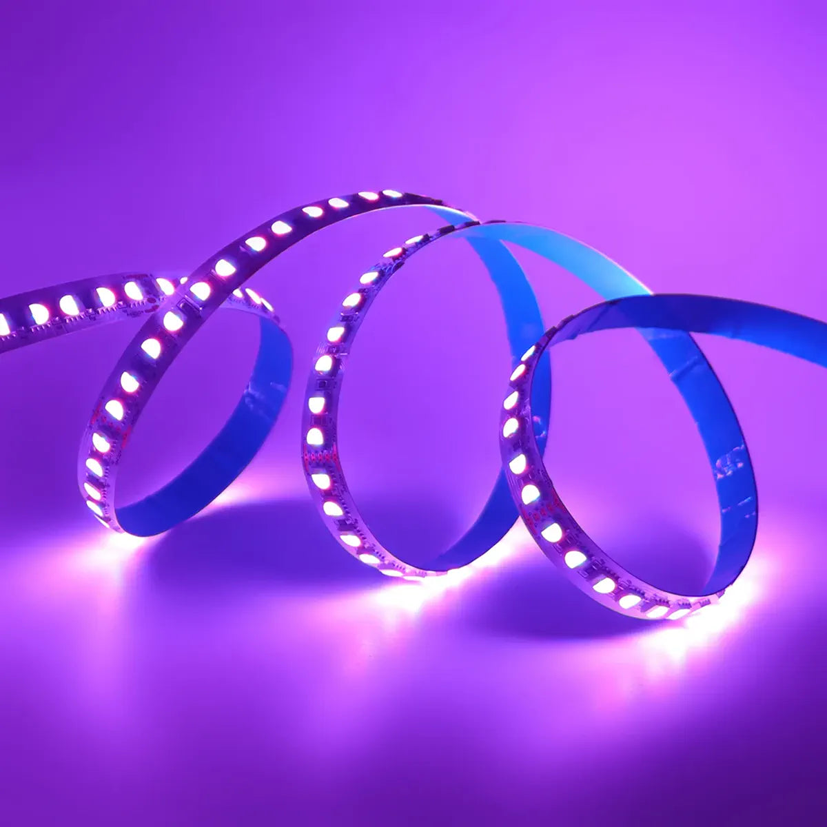 Flexible RGBW LED strip illuminated in purple