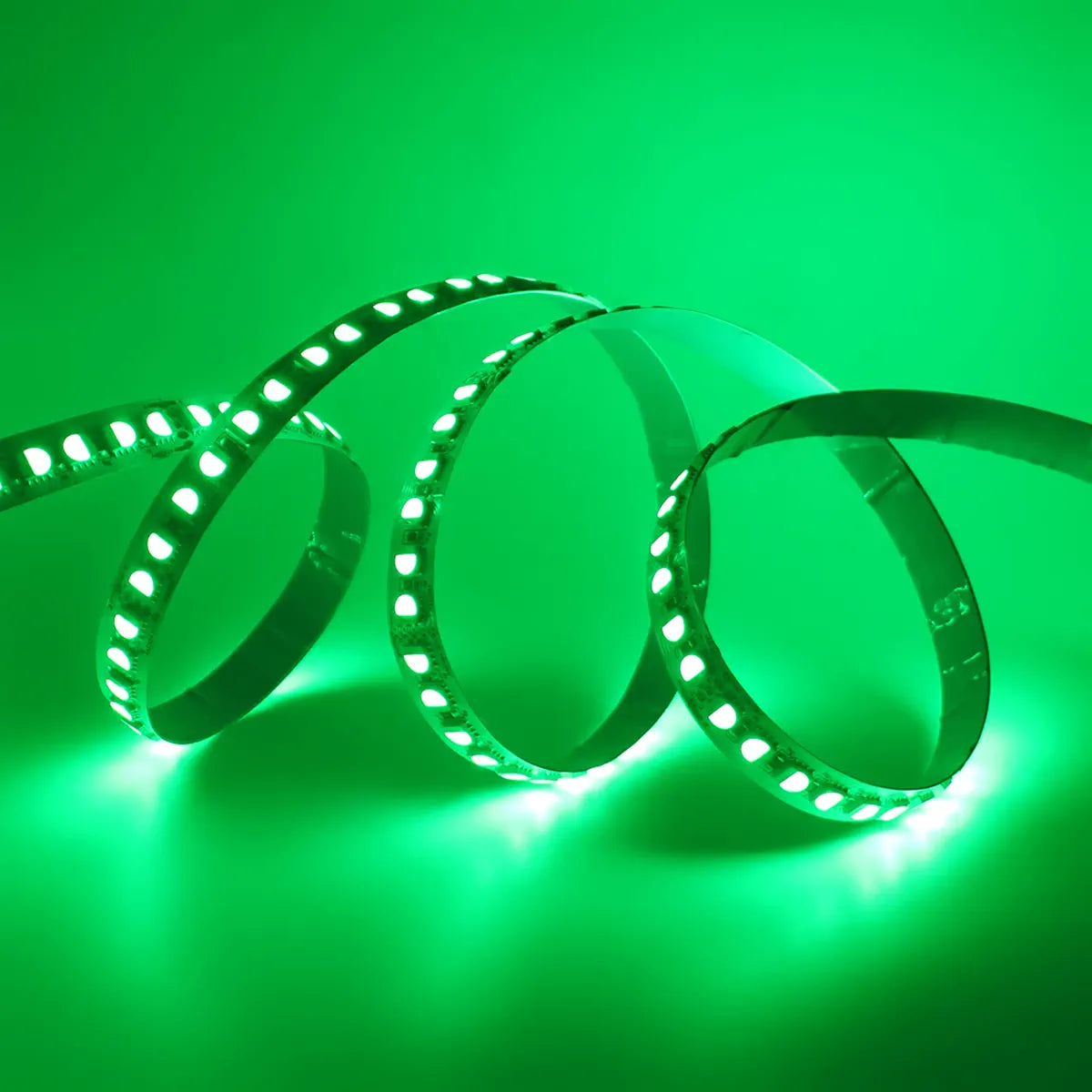 Flexible RGBW LED strip illuminated in bright green