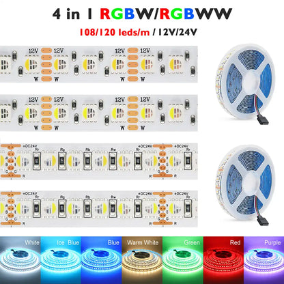 RGBW/RGBWW LED Strip Light - 5m, 12V/24V, Up to 120 LEDs/m