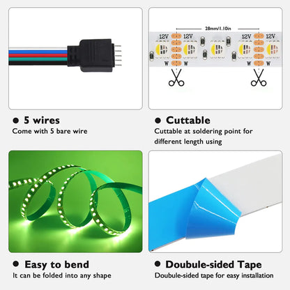 RGBW/RGBWW LED Strip Light - 5m, 12V/24V, Up to 120 LEDs/m