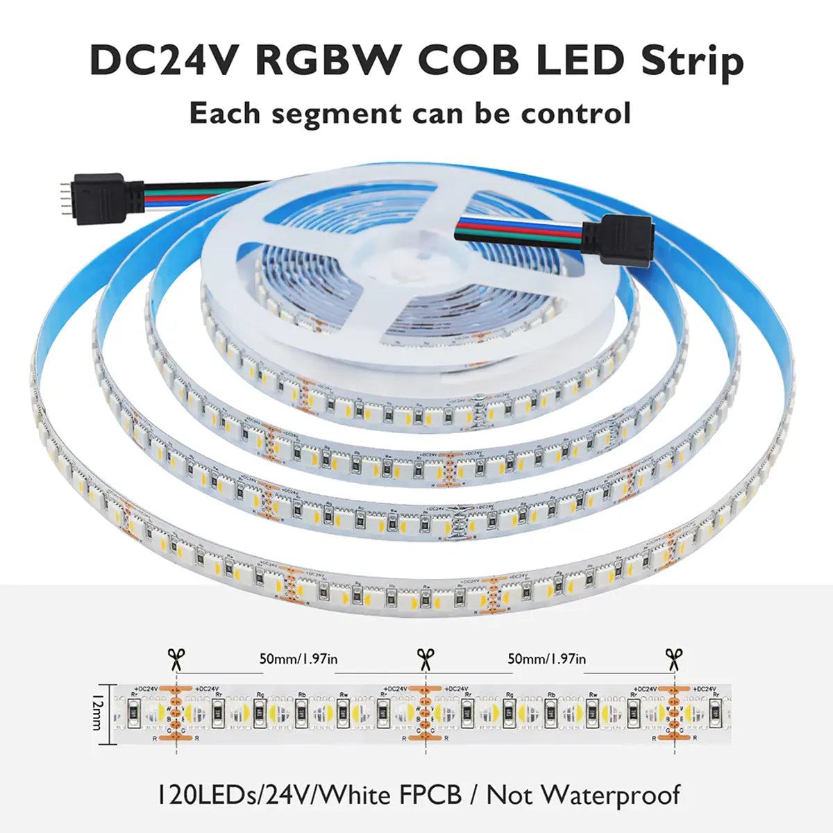 RGBW/RGBWW LED Strip Light - 5m, 12V/24V, Up to 120 LEDs/m