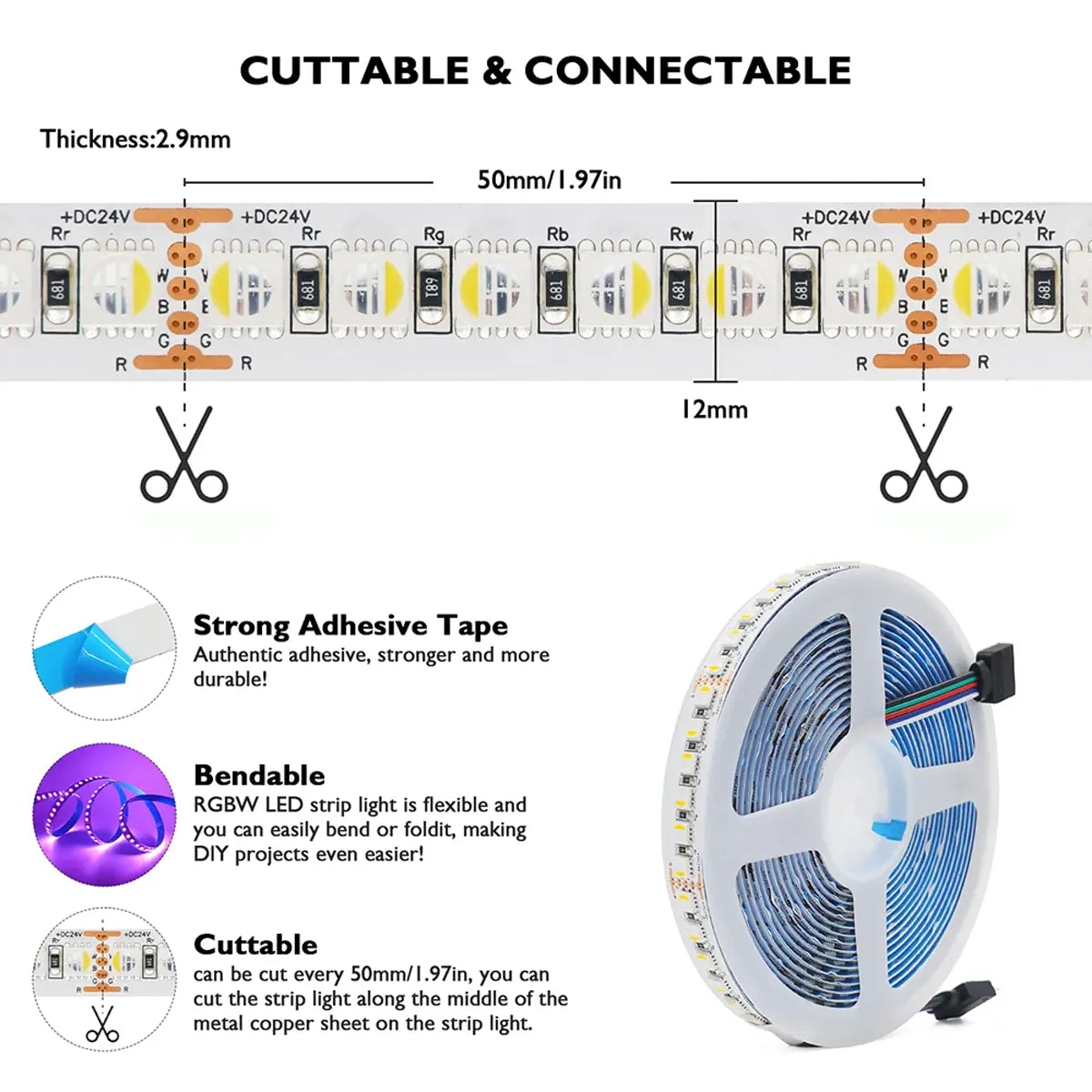 RGBW/RGBWW LED Strip Light - 5m, 12V/24V, Up to 120 LEDs/m