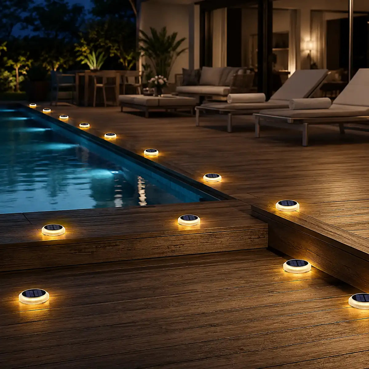 Round Solar LED Deck Lights - Auto On/Off, Stick-On, IP68 Waterproof