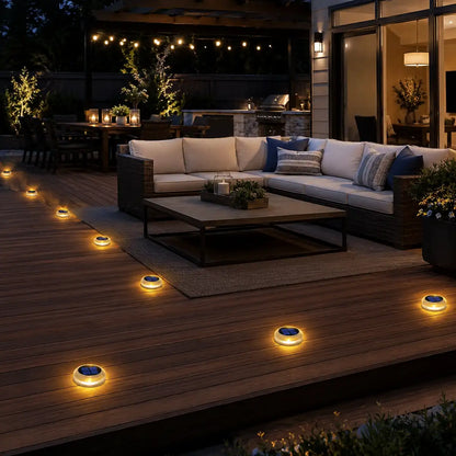 Round Solar LED Deck Lights - Auto On/Off, Stick-On, IP68 Waterproof
