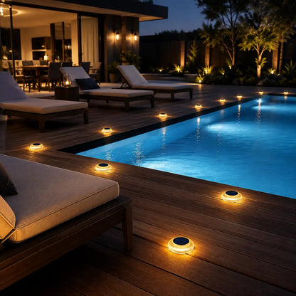 Round Solar LED Deck Lights - Auto On/Off, Stick-On, IP68 Waterproof