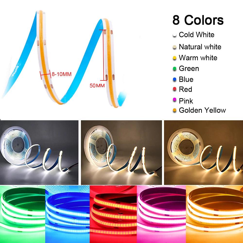 5V COB LED Strip Lights With 2-pin, 320LEDs Flexible Tape Lights, Warm Natural White Red Blue Green Decor - Lumaz