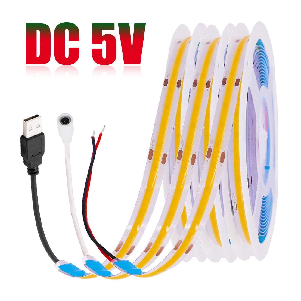 5V COB LED Strip Lights With 2-pin, 320LEDs Flexible Tape Lights, Warm Natural White Red Blue Green Decor - Lumaz