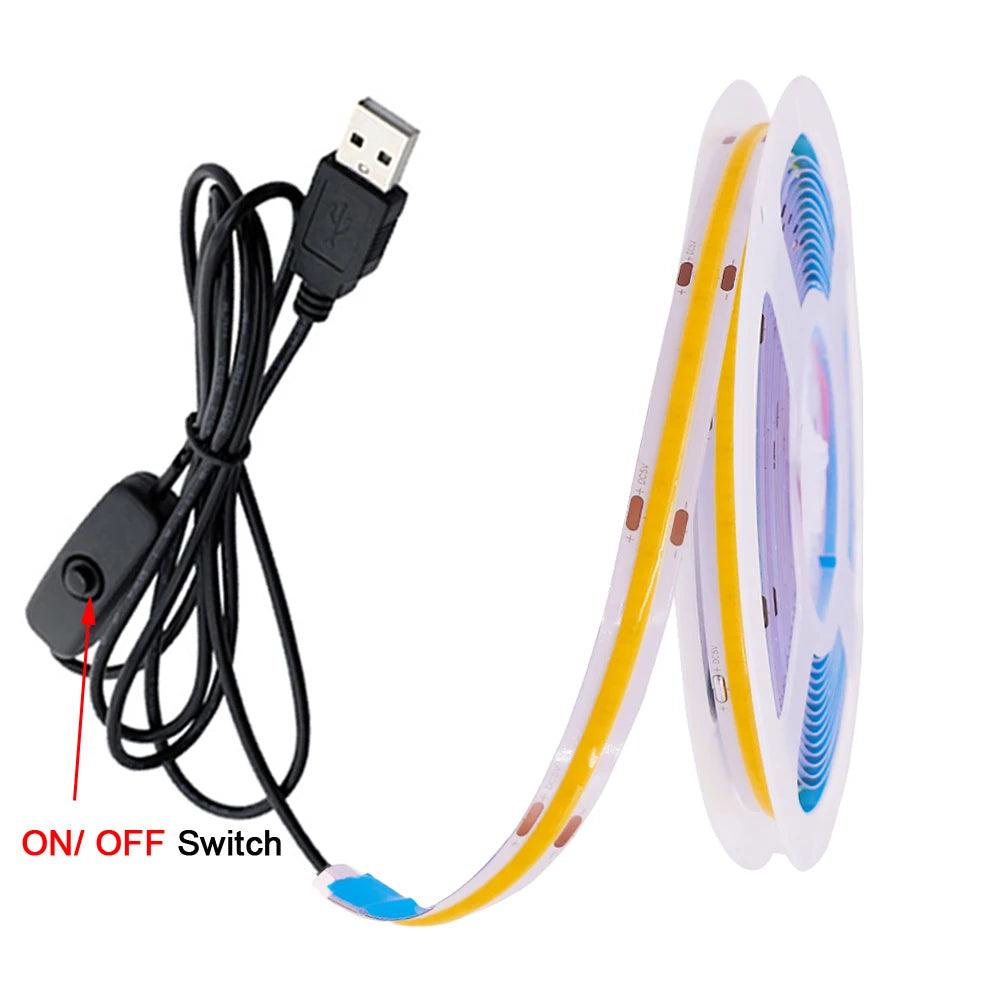 5V COB LED Strip Lights With USB/DC Plug, 320LEDs Flexible Tape Lights, Warm Natural White Red Blue Green Decor - Lumaz