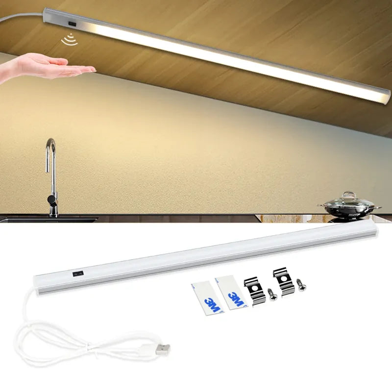 image show A hand-wave under-cabinet LED light bar, USB powered with three color options and an aluminum build