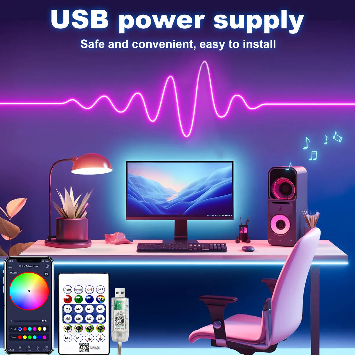 5V RGB Neon Strip Light USB Waterproof Flexible With Bluetooth Remote Control