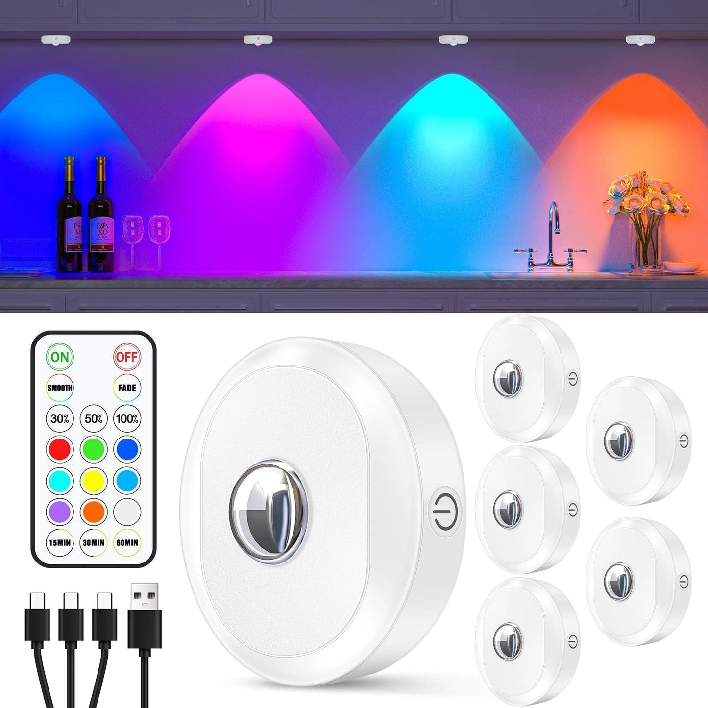 6pcs White RGB Battery Operated Under Cabinet LED Puck Lights with Remote - Lumaz