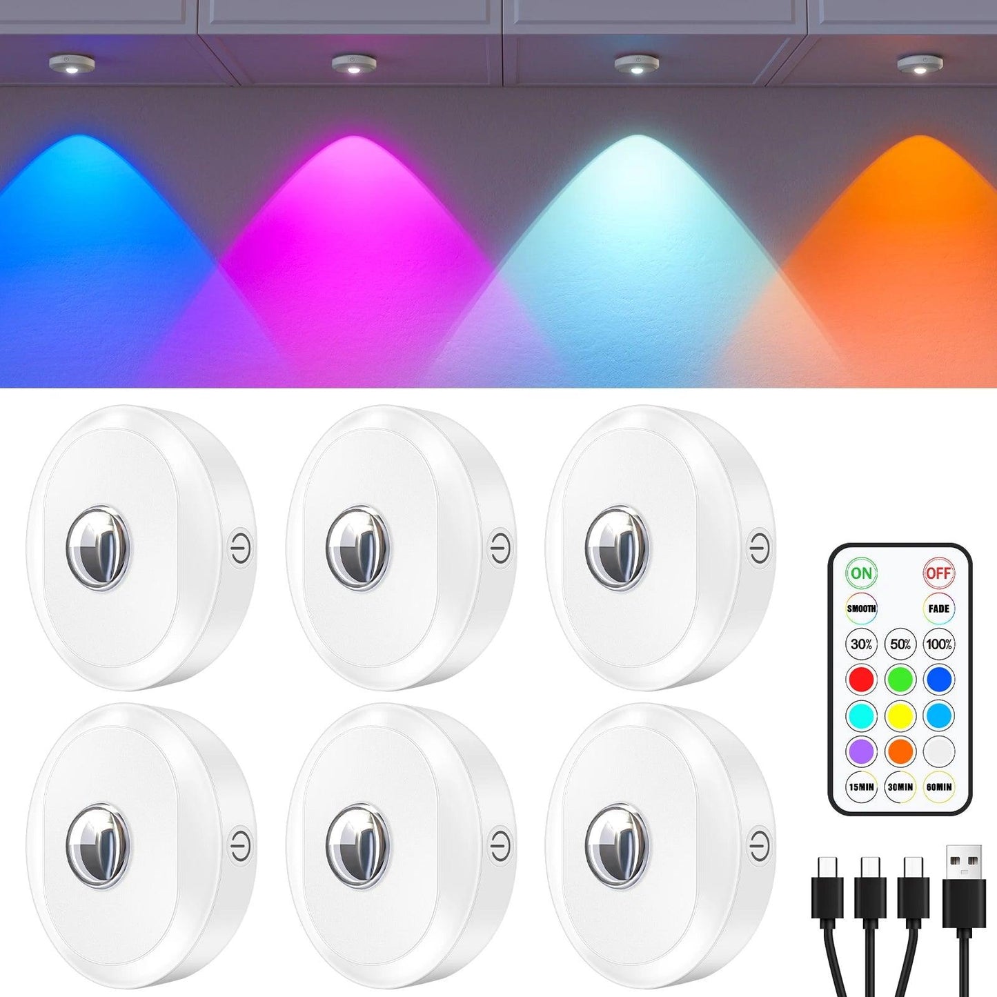 6pcs White RGB Battery Operated Under Cabinet LED Puck Lights with Remote - Lumaz