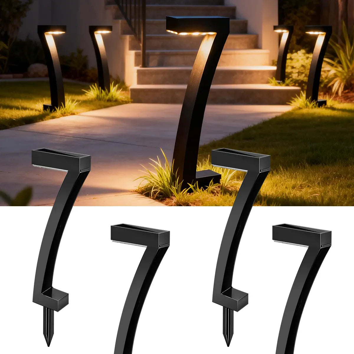 7-Shaped Solar Pathway Lights - Downward Glow, Auto Dusk to Dawn, IP65 Protection