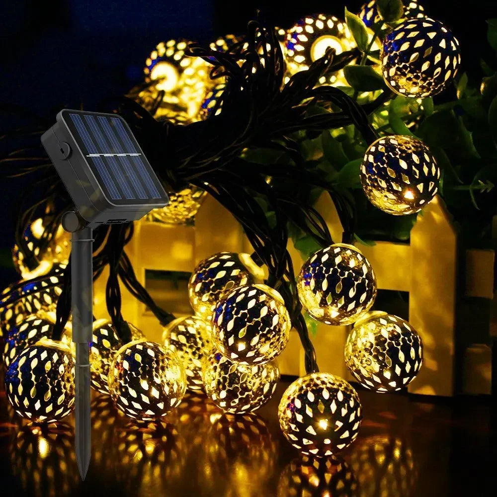 7/12m Moroccan Ball Solar String Lights, LED Globe Lantern Christmas Lights - Lumaz