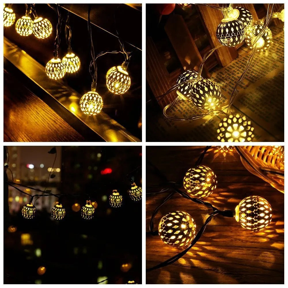 7/12m Moroccan Ball Solar String Lights, LED Globe Lantern Christmas Lights - Lumaz