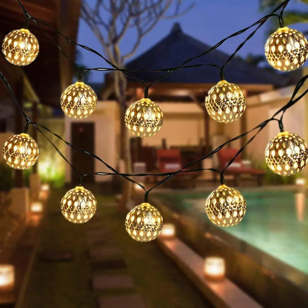 7/12m Moroccan Ball Solar String Lights, LED Globe Lantern Christmas Lights - Lumaz