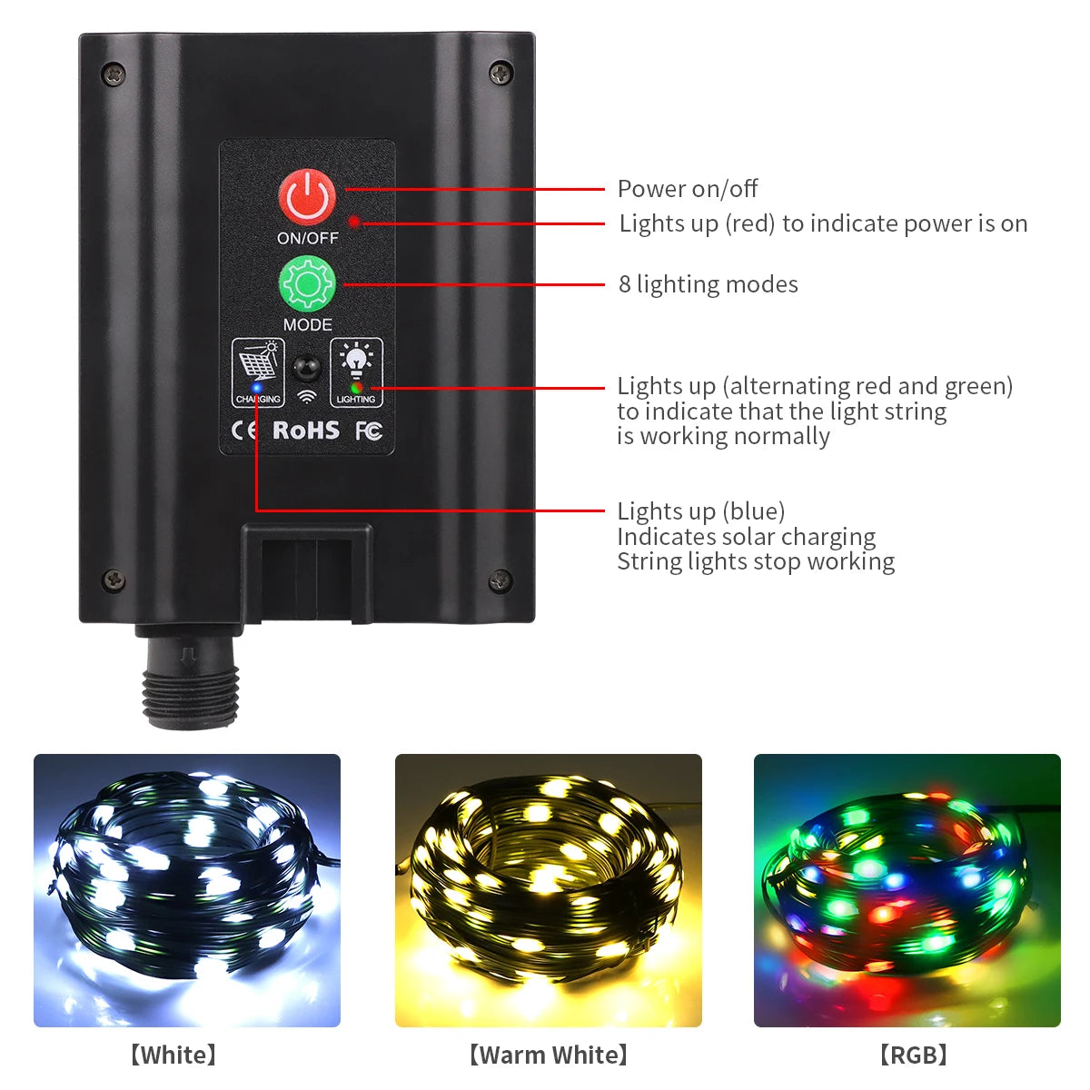 8 Modes Solar Outdoor String Lights Fast Charge Christmas Fairy Lights Waterproof - Lumaz