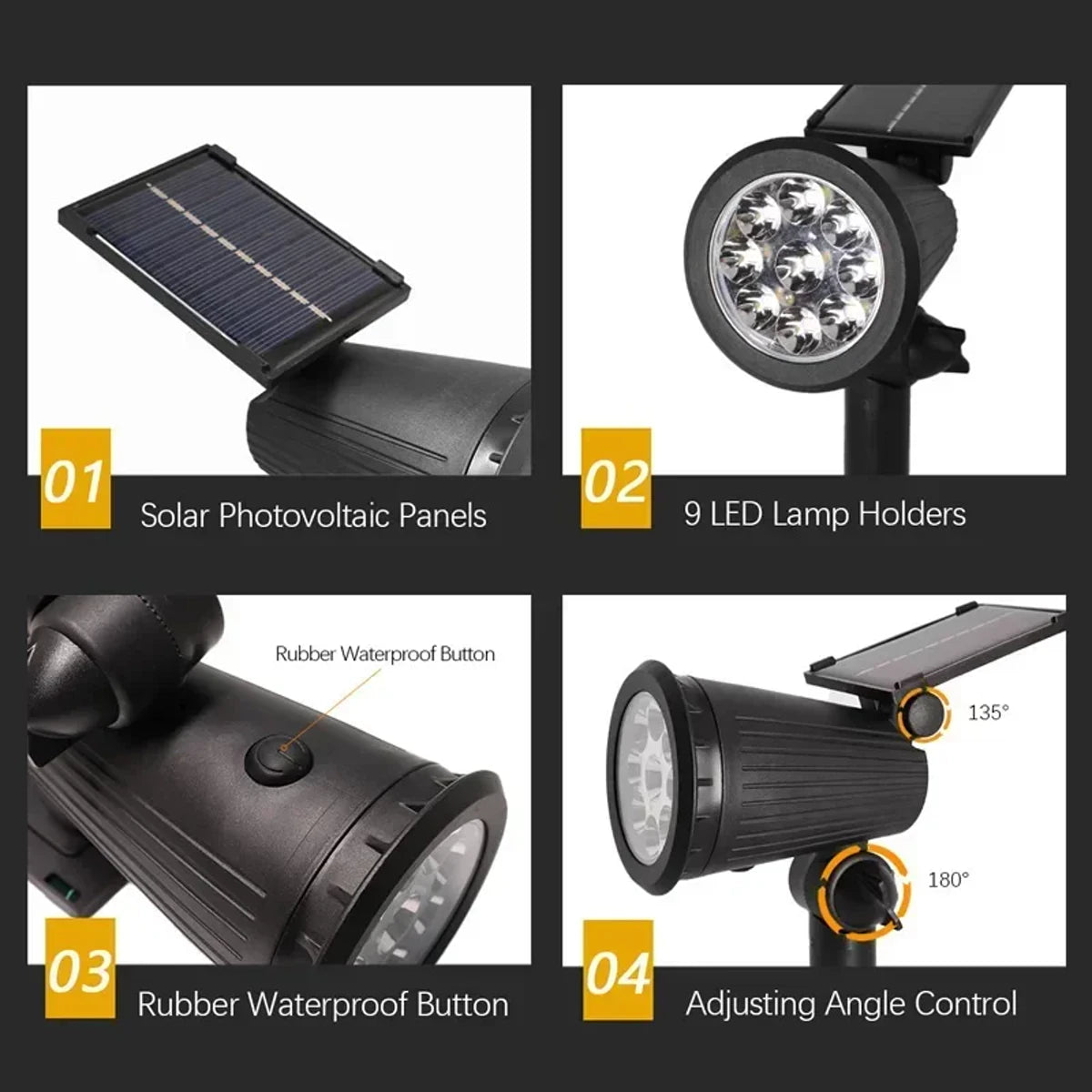 9 LEDs Outdoor Solar Spotlights IP65 Waterproof Brightness Adjustable for Garden Decor