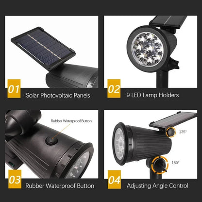 9 LEDs Outdoor Solar Spotlights IP65 Waterproof Brightness Adjustable for Garden Decor