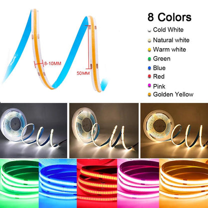 5V COB LED Strip Light With USB/DC Plug, 320LEDs Flexible Tape Lights, Warm Natural White Red Blue Green Decor - Lumaz