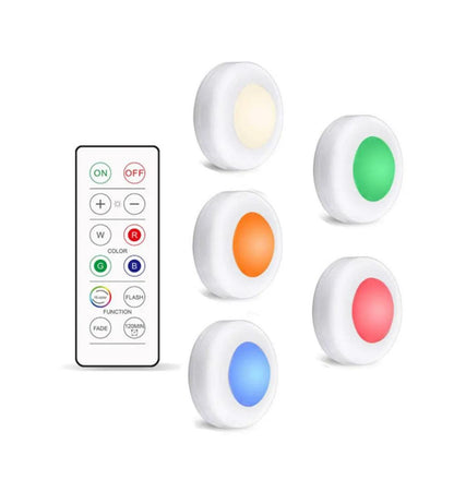 16-Colors Battery Operated Wireless Remote Control Under Cabinet LED Puck Light (White) - Lumaz