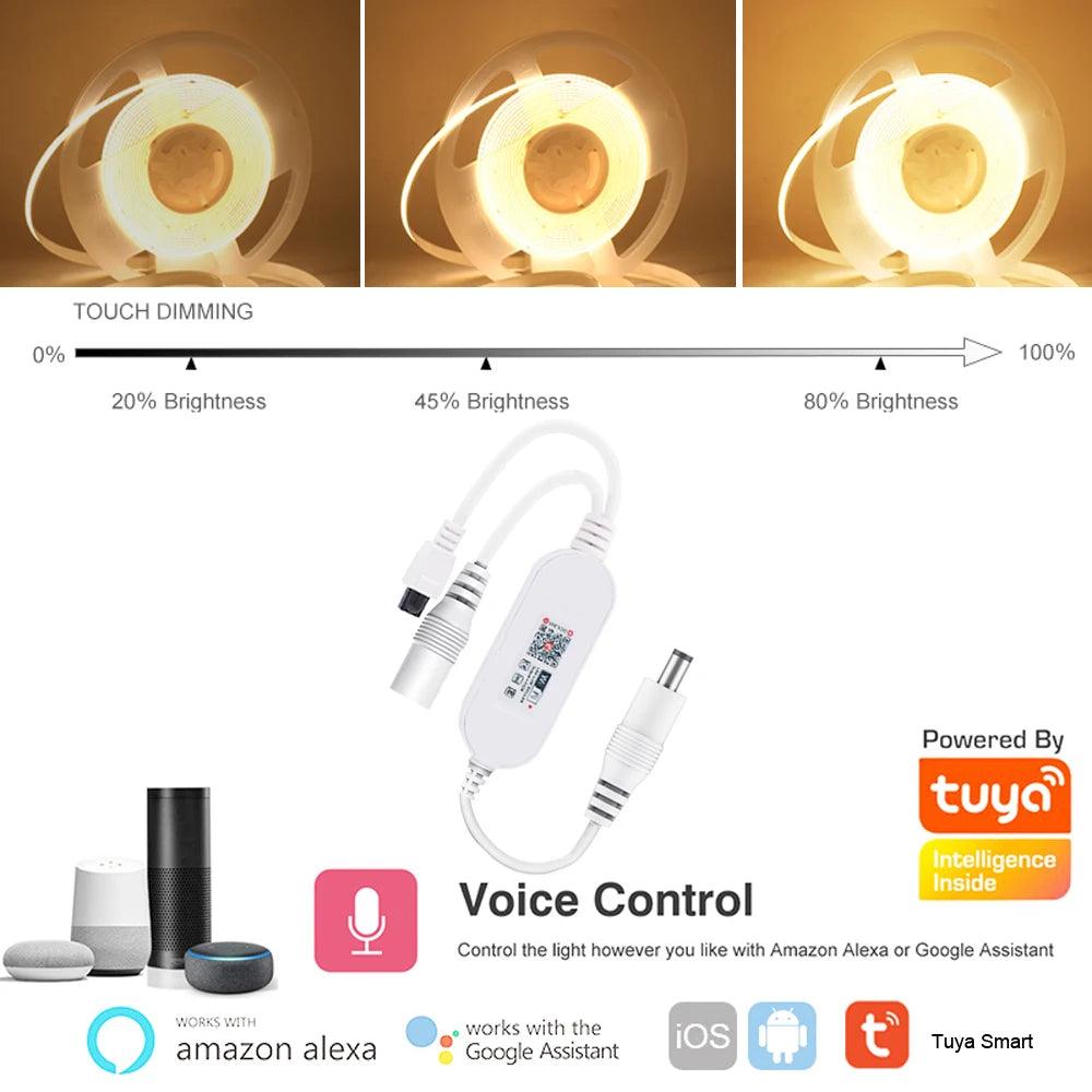 12V Tuya Wifi Remote Control Dimmable COB LED Strip Light With 320/384/528 LEDs, Power Kit - Lumaz