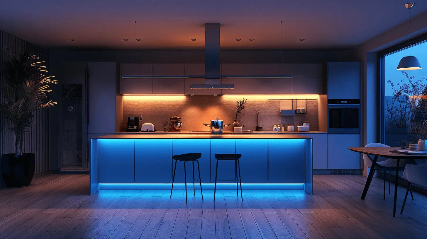 Under Cabinet Lighting layout example with LED strips and puck lights in a kitchen
