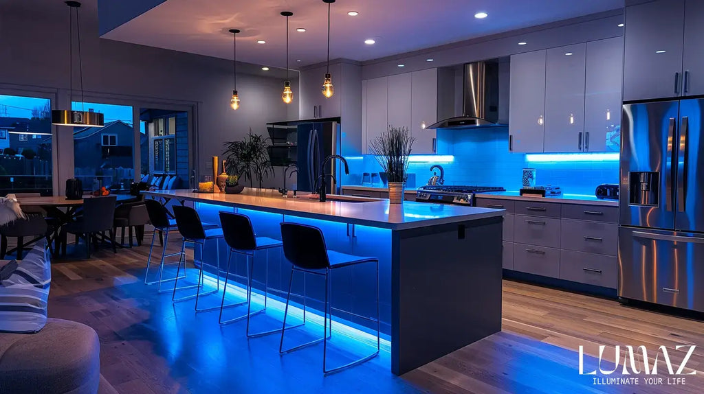 Lumaz A modern kitchen with puck lights under cabinet lighting