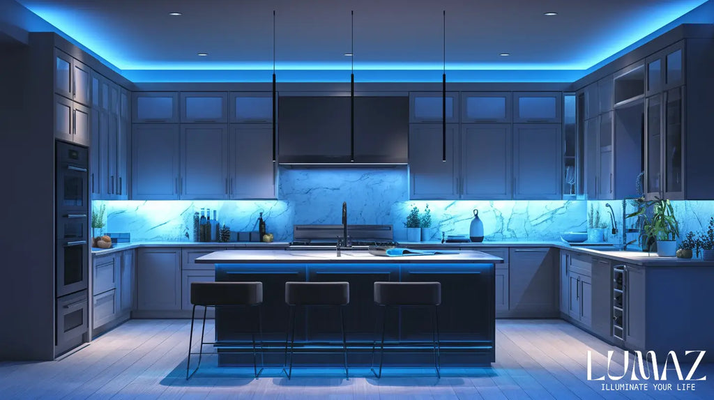 Lumaz Under Cabinet Puck Lights A full view high-resolution bright moden kitchen