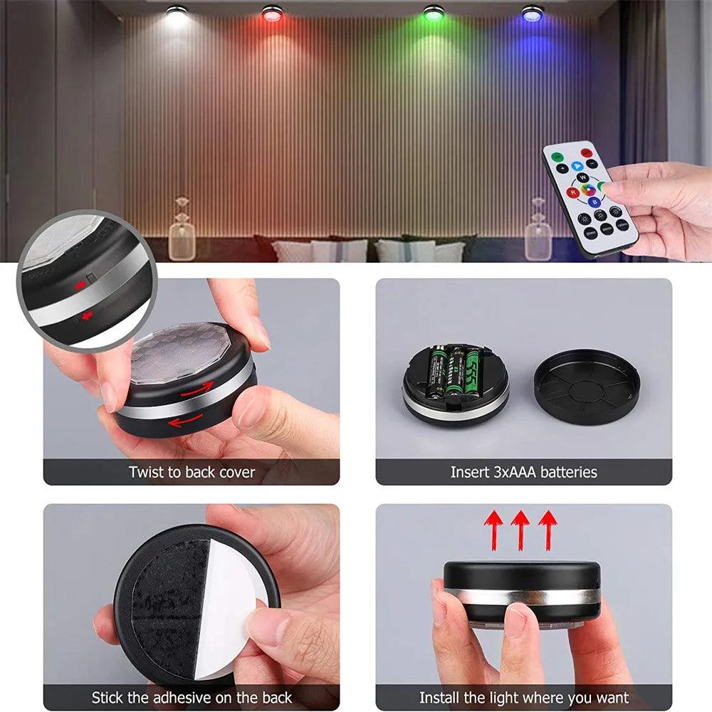 RGBW Dimmable Remote Control Battery Operated Under Cabinet LED Puck Light - Lumaz