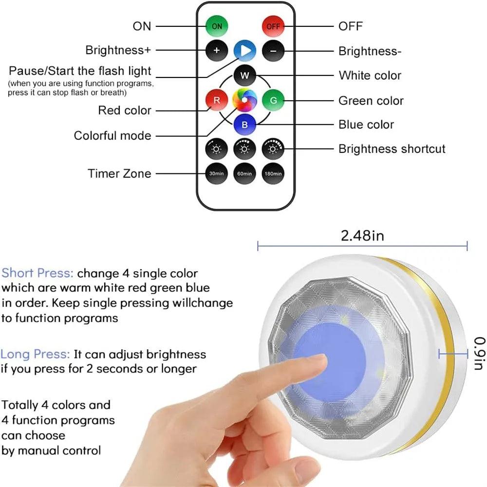 RGBW Dimmable Remote Control Battery Operated Under Cabinet LED Puck Light - Lumaz