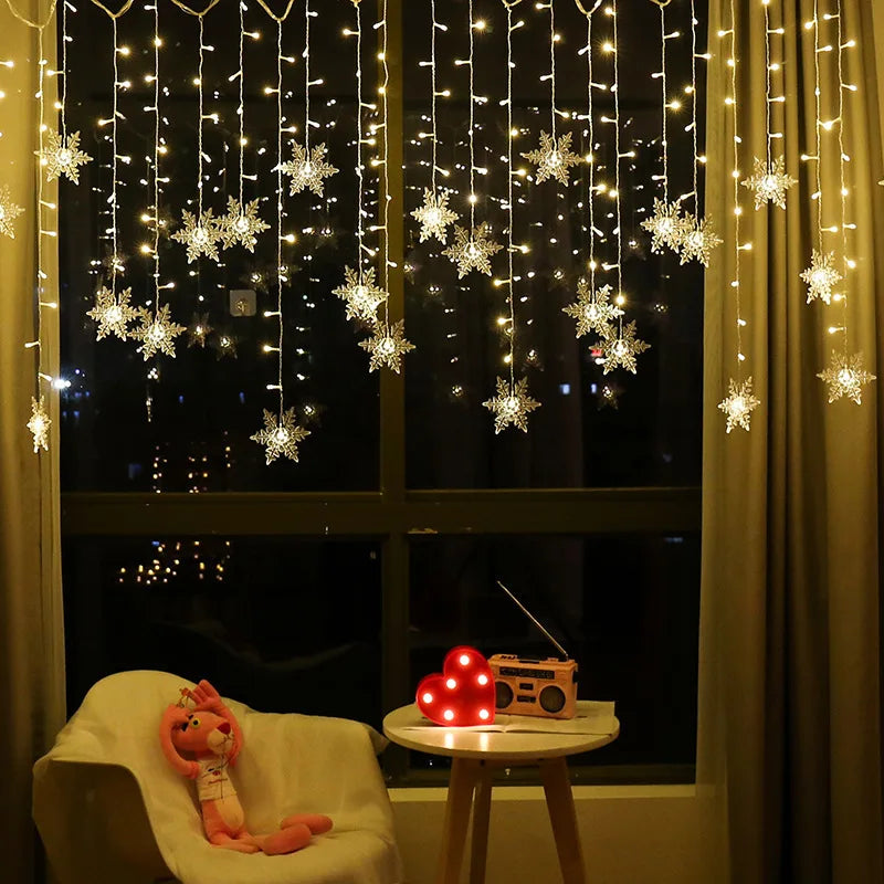 3.2M 8 Modes Christmas Snowflakes LED Curtain Lights Flashing Fairy Lights