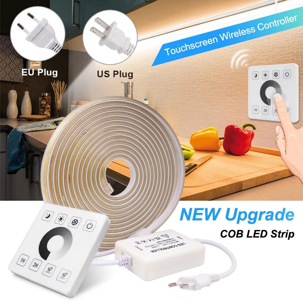 110V IP67 Waterproof COB LED Strip Light With Dimmable 23Keys IR,Wall Touch RF Remote Control Power Kit - Lumaz