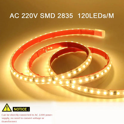 220V SMD 2835 IP65 Waterproof Flexible LED Strip Light With IC Rectifier, 120LEDs - Lumaz