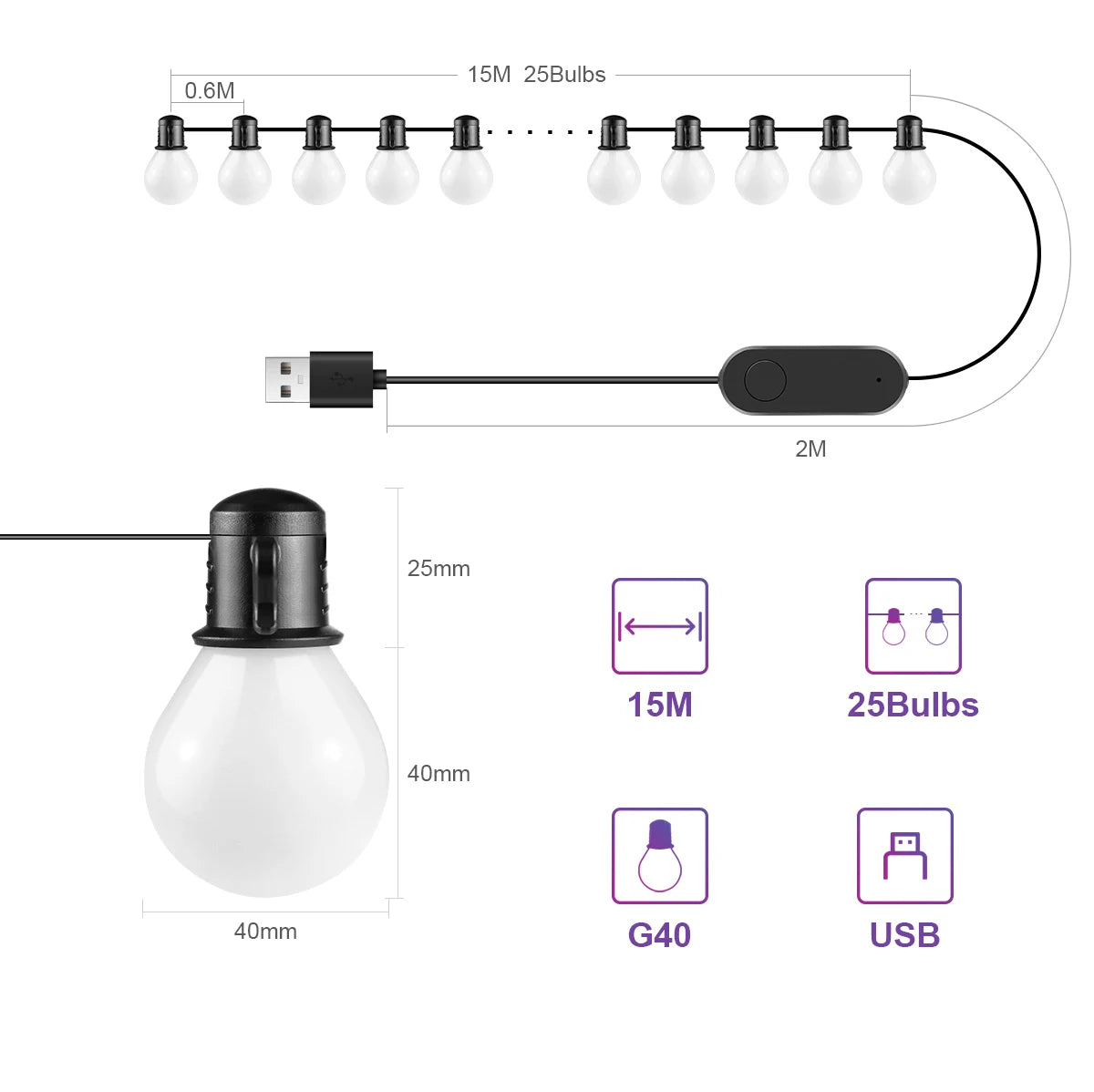 USB Smart G40 LED Bulb String Light 15M 25 Blubs Christmas Lights