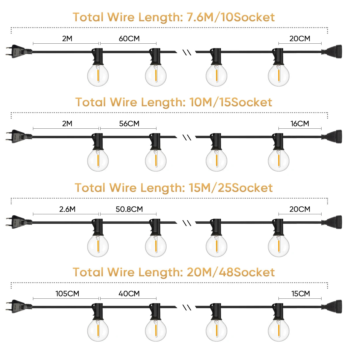 Shatterproof G40 Outdoor String Lights, 110V Led String Light Waterproof Connectable