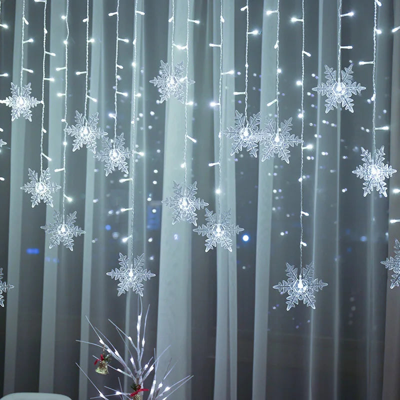 3.2M 8 Modes Christmas Snowflakes LED Curtain Lights Flashing Fairy Lights