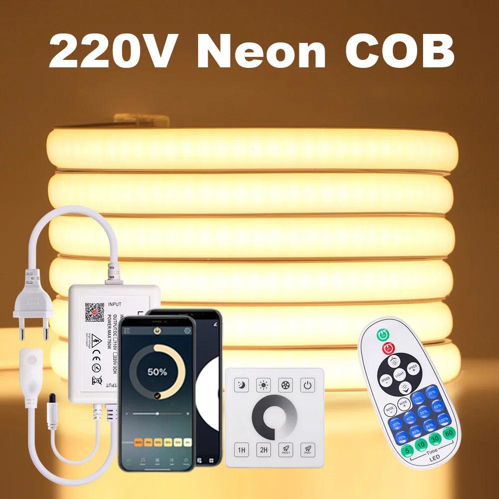 220V IP68 Waterproof COB Neon LED Strip Light With Dimmable 23Keys IR,Wall Touch RF Remote Control Power Kit - Lumaz