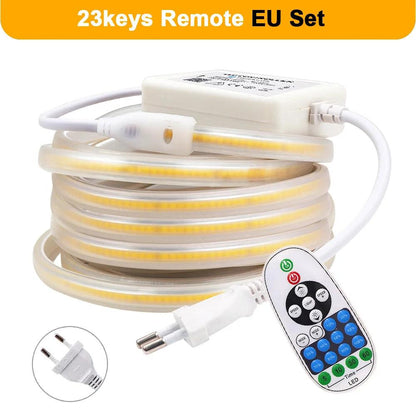 110V IP67 Waterproof COB LED Strip Light With Dimmable 23Keys IR,Wall Touch RF Remote Control Power Kit - Lumaz