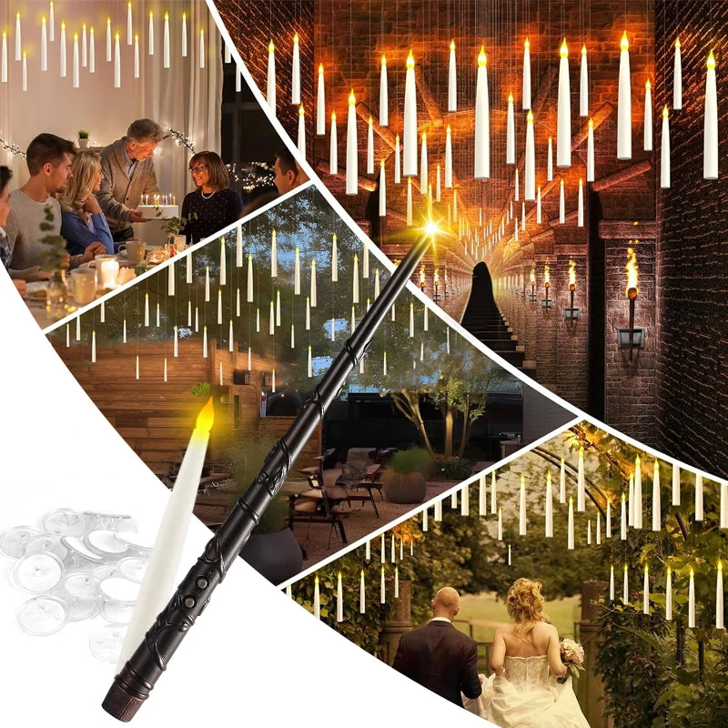 Flameless Floating Candles With Wand, Premium Halloween Decoration Flicker Hanging LED Candle 12-60Pcs