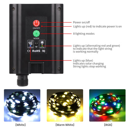 8 Modes Solar Outdoor String Lights Fast Charge Christmas Fairy Lights Waterproof