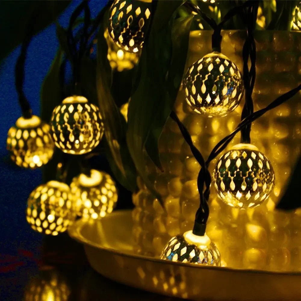 7/12m Moroccan Ball Solar String Lights, LED Globe Lantern Christmas Lights