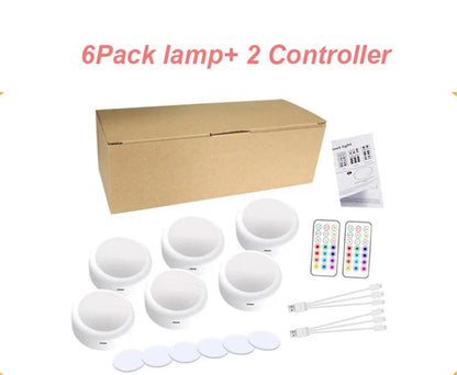 RGBW Dimmable Battery Operated Under Cabinet LED Puck Light (White 3/6Pack) - Lumaz