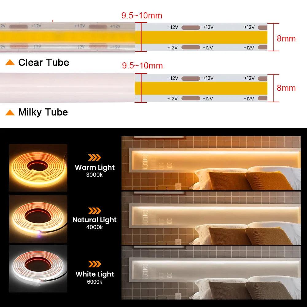 12V IP68 Waterproof COB LED Strip Light Flexible Tape 320LEDs Bright Liner Lighting RA90 - Lumaz